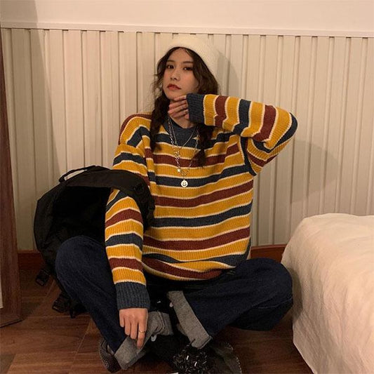 Autumn and Winter Retro Striped College Wind Round Neck Sweater Female Student Loose Mid-length Sweater Coat