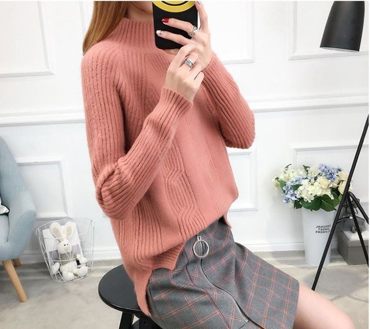 Half Turtleneck Pullover Sweater Korean Version Loose Thickened Solid Color Twist Knitted Bottoming Shirt for Women