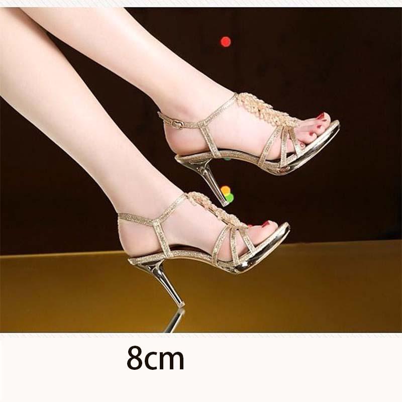 High heel sandals women leather platform fine heel sexy wild beaded word buckle golden women's shoes