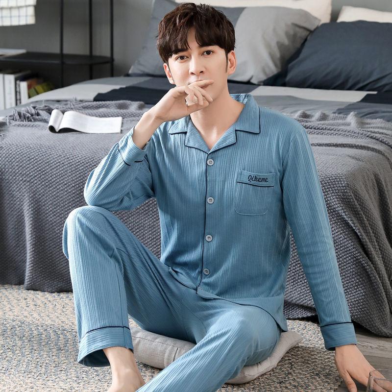 100% Double-sided Cotton Pajamas Men's Long-sleeved Spring, Autumn and Winter Young and Middle-aged Casual Plus Size Winter Home Service Suits
