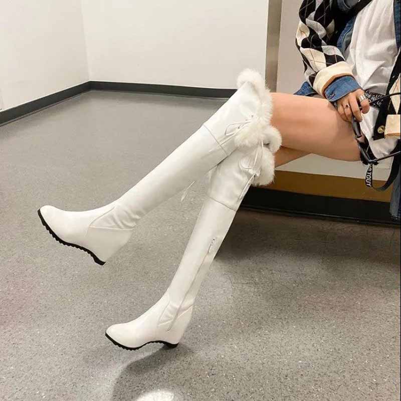 Inner Height Over The Knee Boots Women's Autumn and Winter Snow Boots White Elasticity Was Thin High Boots Wedge Heel Large Size Leather Boots