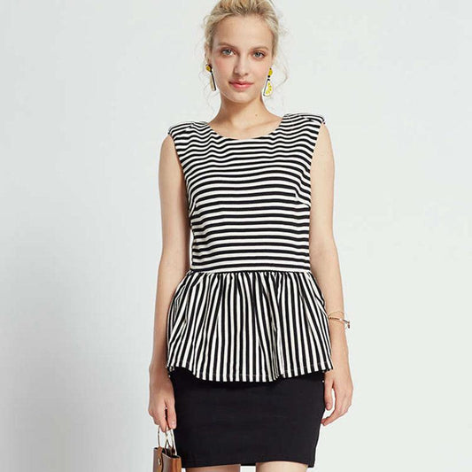 Fashion Summe Strip Stitching Pleated Stripe Slim Sleeveless Fake Two-piece Dress Package Hip Dress