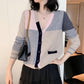Color-block Knit Sweater Long-sleeved Loose V-neck Sweater Cardigan Jacket Female Spring and Autumn Korean Version of All-match Thin Top