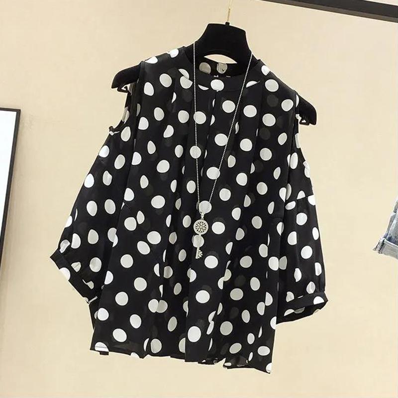 Off-the-shoulder Short-sleeved Chiffon Shirt Large Size Loose and Thin Cover Belly Top Wave Point Off-shoulder Short-sleeved Chiffon Shirt for Ladies