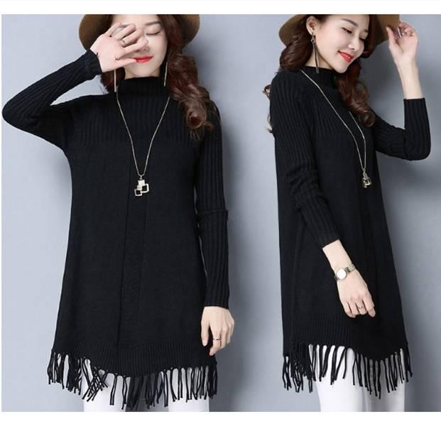 Pofulove Women Long Sweater Dress Long Section Turtleneck Tassel Pullover Base Knitted Blouse