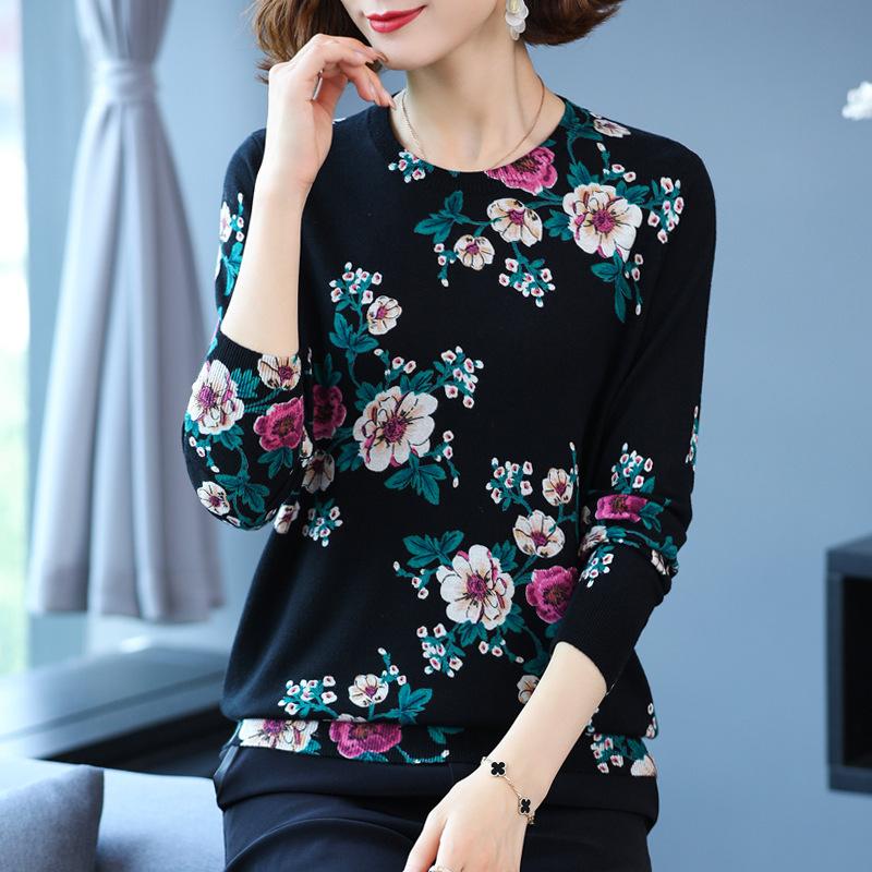 Autumn and Winter Printing Bottoming Shirt Women's Plus Size Casual Sweater Fashion Round Neck Printed Sweater