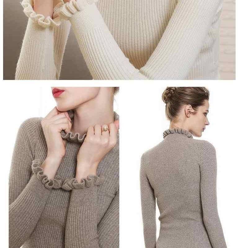 Solid Color Slim Was Thin Sweater Knitted Bottoming Half Turtleneck Ruffled Sweater