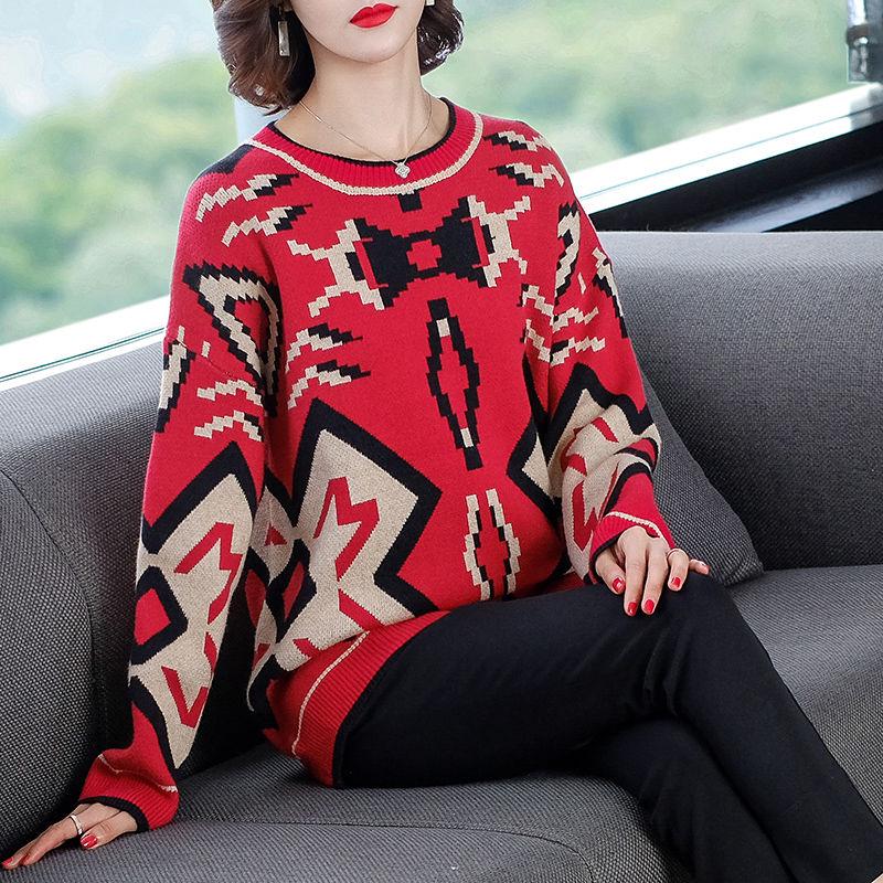 Fall/winter Vintage Printed Pullover Sweater Women Loose Knitted Sweater Jumper Bottoming  Outer Wear