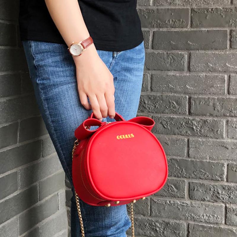 Round Bag Metal Chain Pu Leather Messenger Bag Women Crossbody Bags Outing Trip Adjustable Chain Belt