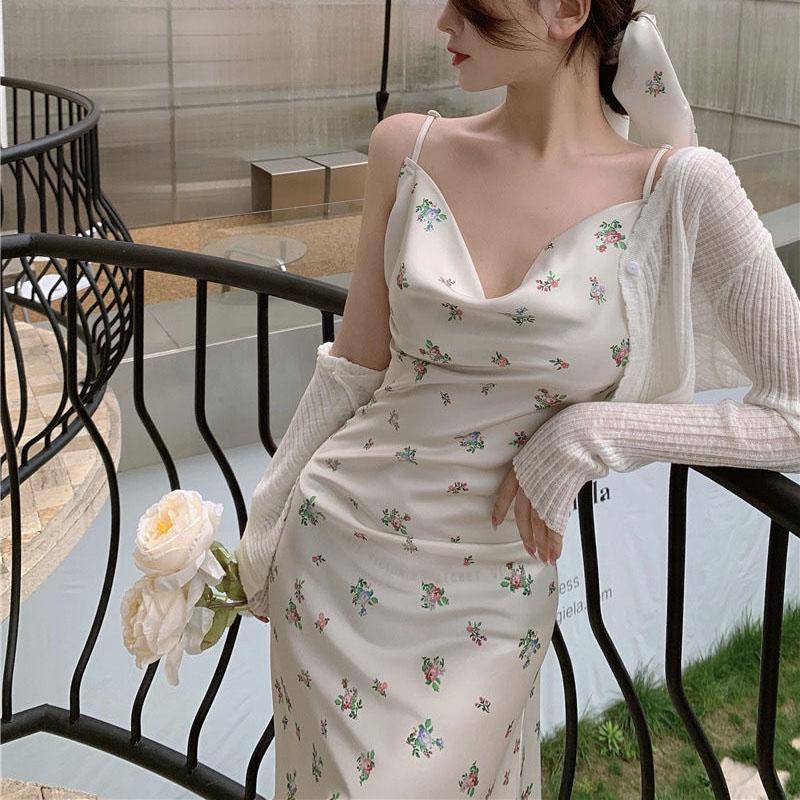 Female Vintage Slim Casual Elegant Holiday Dress Floral Print Backless Graceful Suspender Party Dress