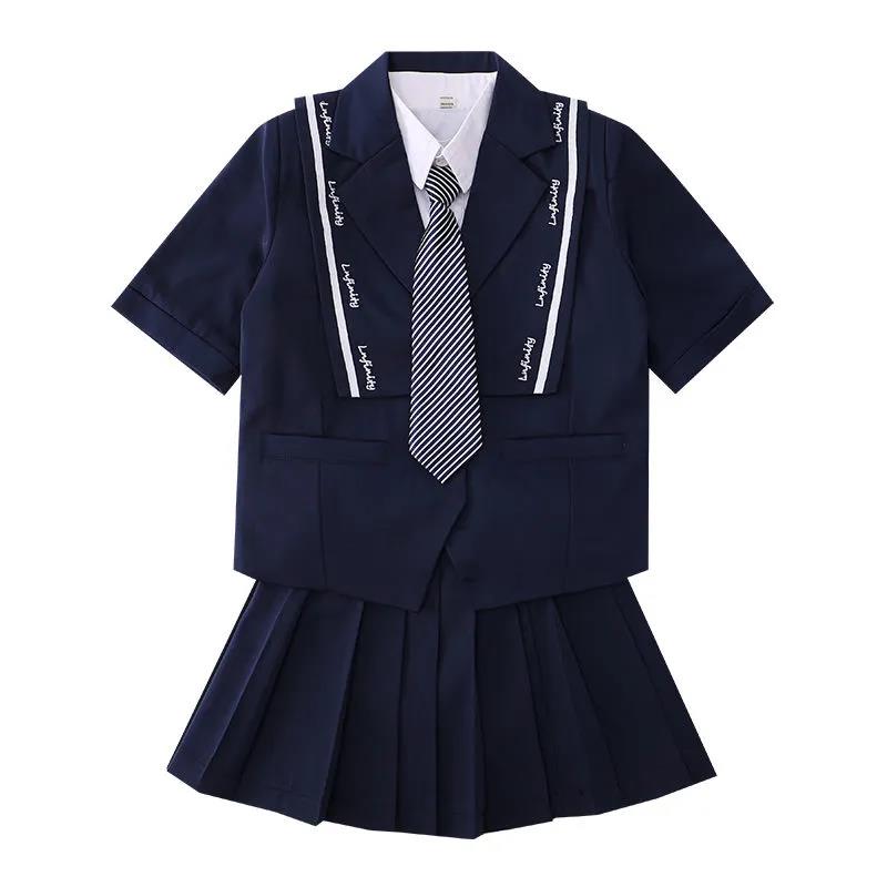 Kids Girls British Style School Uniform Student Uniforms Suit Long Sleeve Coat with Shirt Tie Mini Skirt Set Child Anime Costume