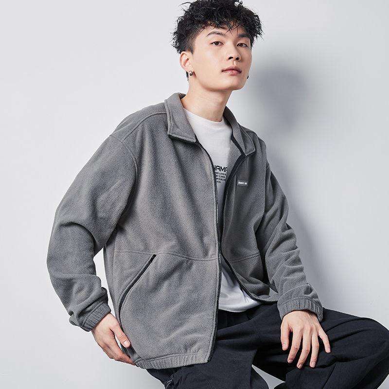 Polar Fleece Jacket Men's Lapel Versatile Cardigan Fleece Sweater Men's Warm Short Long Sleeve Zipper Jacket Comfortable and Breathable
