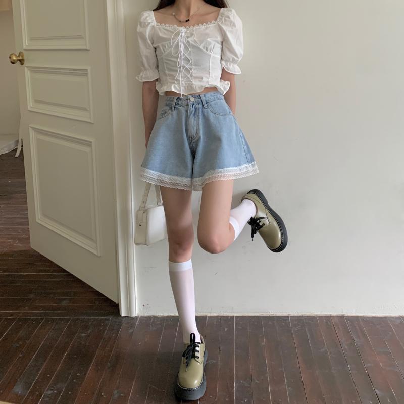 Sweet Denim Shorts for Women Wide Leg Cute Short Pants Summer High Waist Lace Edge Pants A-line Loose Jeans Pants High Waist Shorts Y2k Short Bottoms