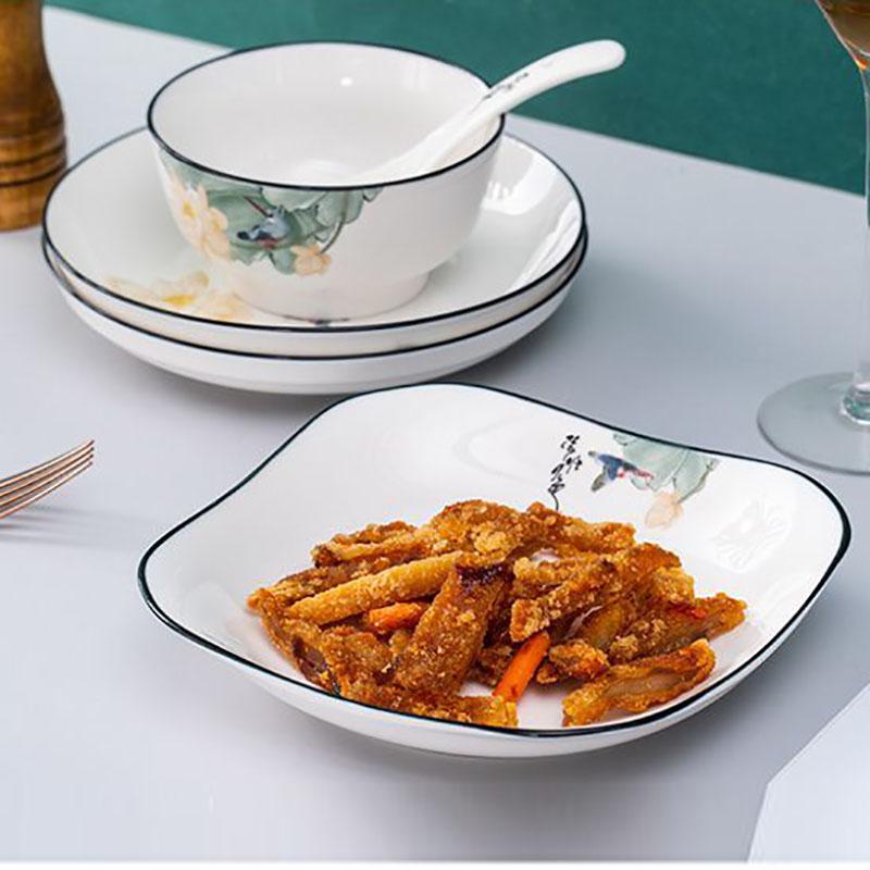 Household Deepened Dish Plate Ceramic Dish Rice Plate Soup Plate Dish Set Creative Chinese Meal Plate Two Person Tableware Set