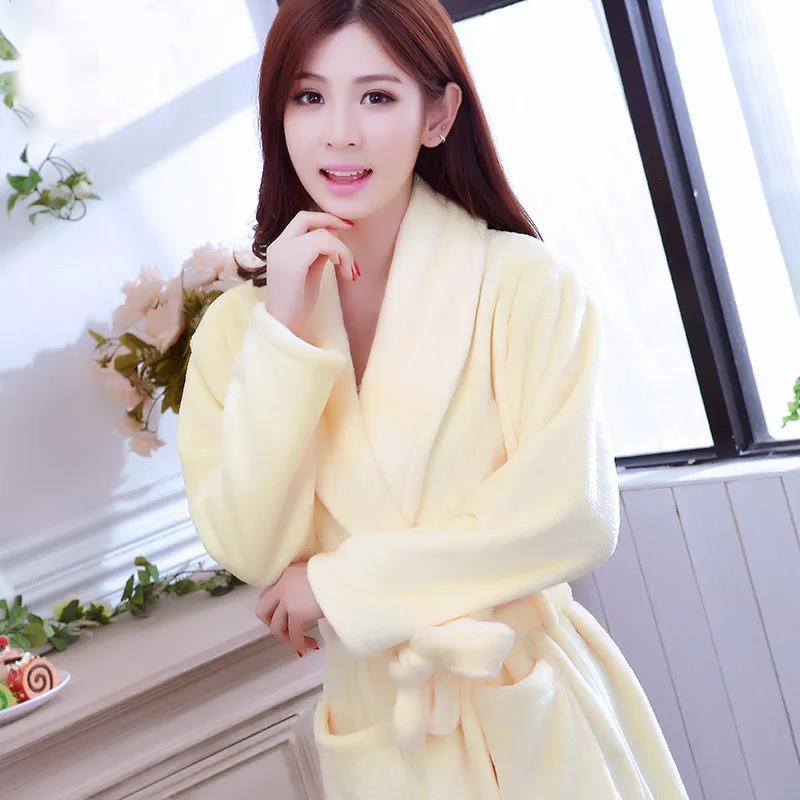 Ladies Pure Color Homewear Pajamas Winter Cashmere Warm Home Clothes Quick-drying Bathrobe Robe Coat Long