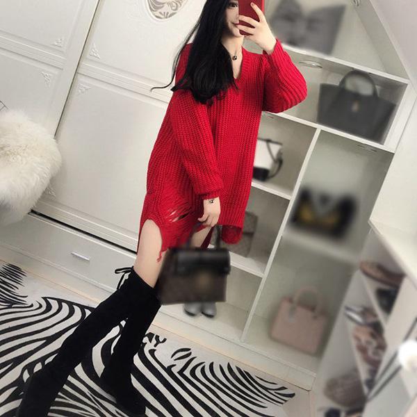 Spring and Autumn Sexy Mid-length Sweater V-neck Pullover Irregular Top Loose Hole Knit Sweater Dress