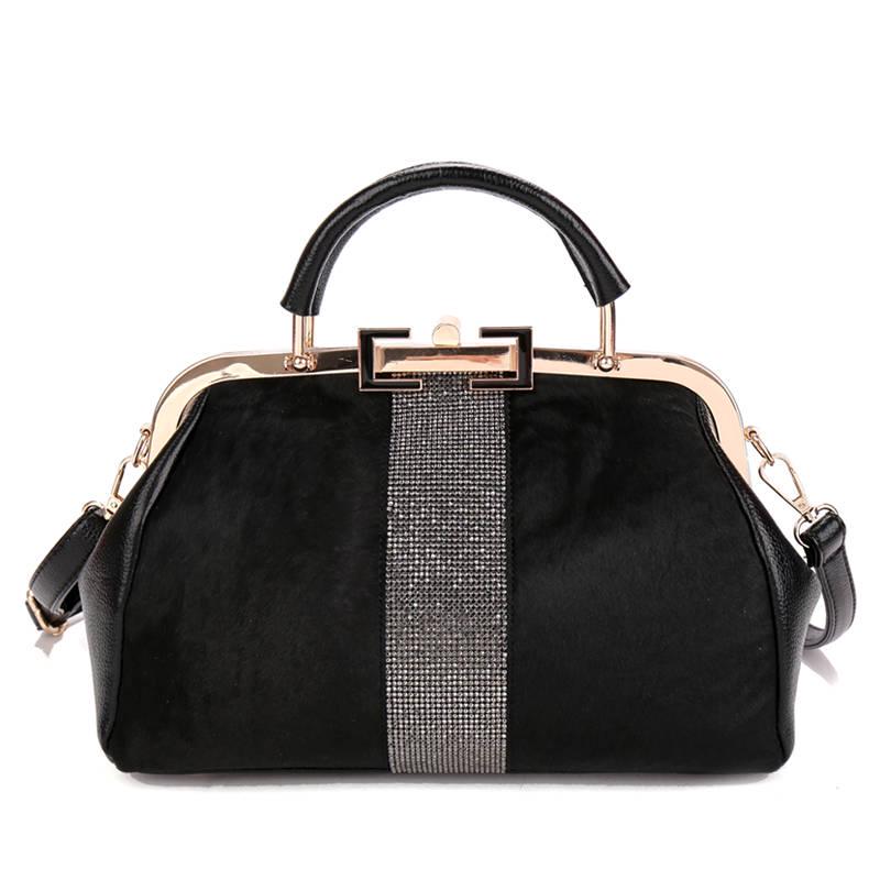 Ladies Handbag Fashion Black Horse Hair with Rhinestone Fashionable Shoulder Bag Messenger Bag