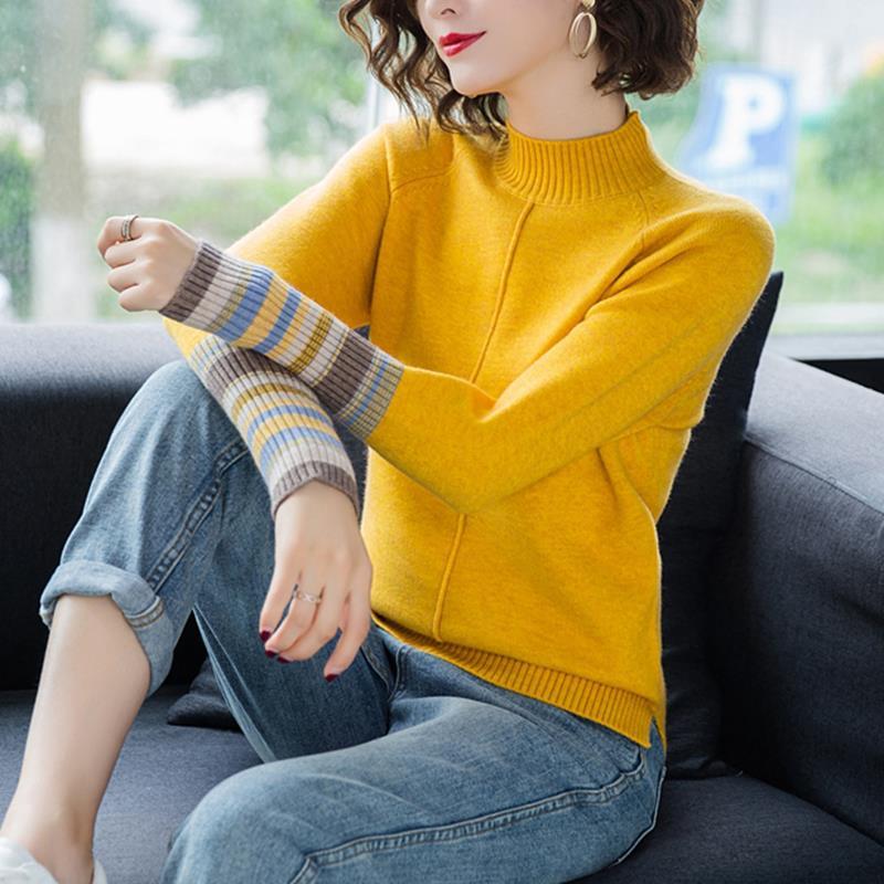 Plus velvet half-high collar sweater women's long-sleeved bottoming shirt fashion striped sweater