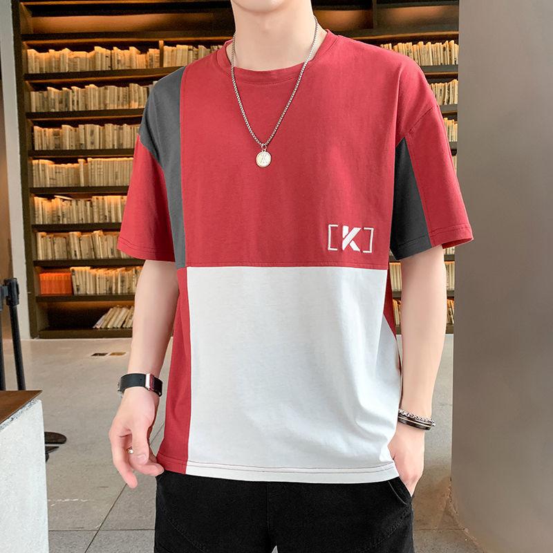 Pure Cotton Short-sleeved Men's T-shirt with Embroidery Stitching Pure Cotton Short-sleeved Loose Fashion All-match Short-sleeved Top