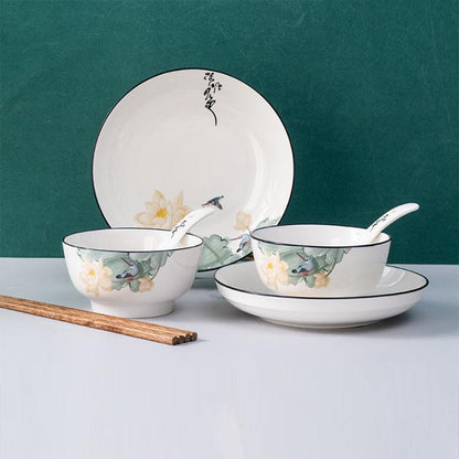Household Deepened Dish Plate Ceramic Dish Rice Plate Soup Plate Dish Set Creative Chinese Meal Plate Two Person Tableware Set