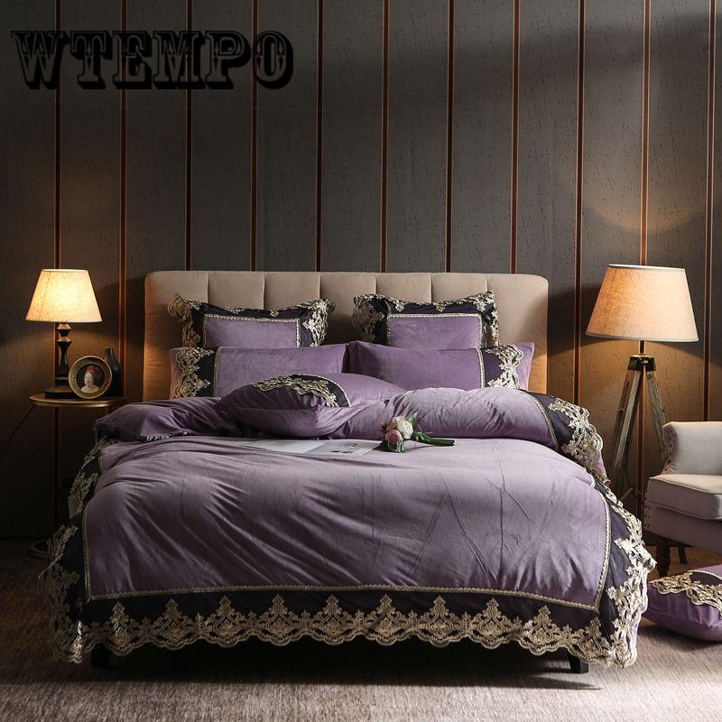 Winter Fleece Bedding Sets Lace Duvet Cover Flannel Fleece 4Pcs Home Bed Linens Warm