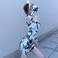 Female One Shoulder Ink Painting Long Sleeve A-line Party Dress Elegant Slim Club Dress