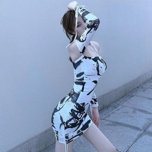 Female One Shoulder Ink Painting Long Sleeve A-line Party Dress Elegant Slim Club Dress