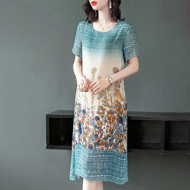 Ladies Summer Short Sleeve Casual Loose Beach Dress Flower Round Neck Ice Silk Mid-length Thin Dress Large Size Ladies Dress