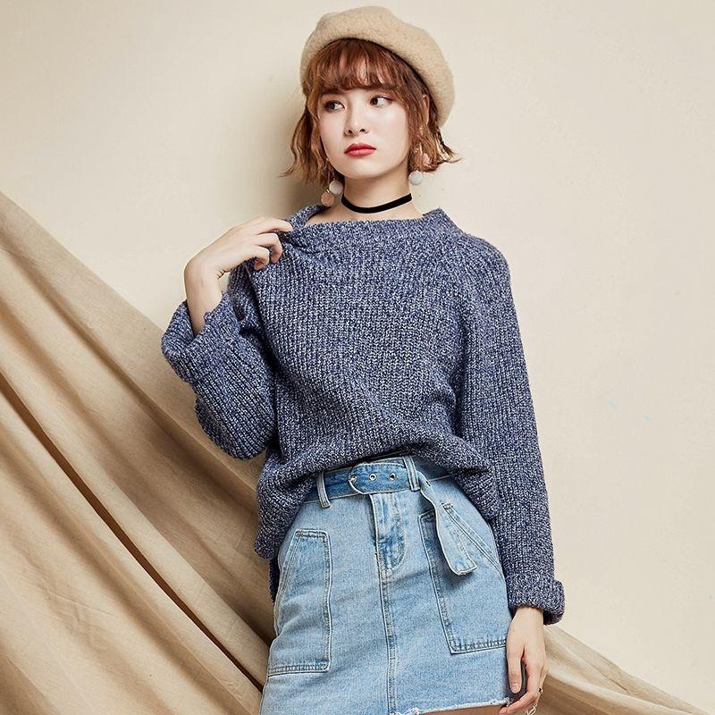 Autumn and Winter Loose and Simple Curled Long-sleeved Round Neck Solid Color Was Thin and All-match Pullover Student Sweater Women