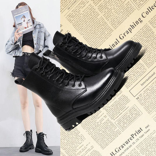 Waterproof Genuine Leather Boots Female British Style Autumn  Winter Chunky Heel Boots Plus Velvet Ankle Boots Outdoor Working Boots