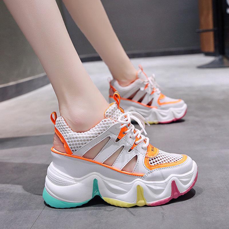 Rainbow Thick-soled Spring and Summer Sandals Women's Hollow Breathable Mesh Casual Sports Shoes Women's Trend