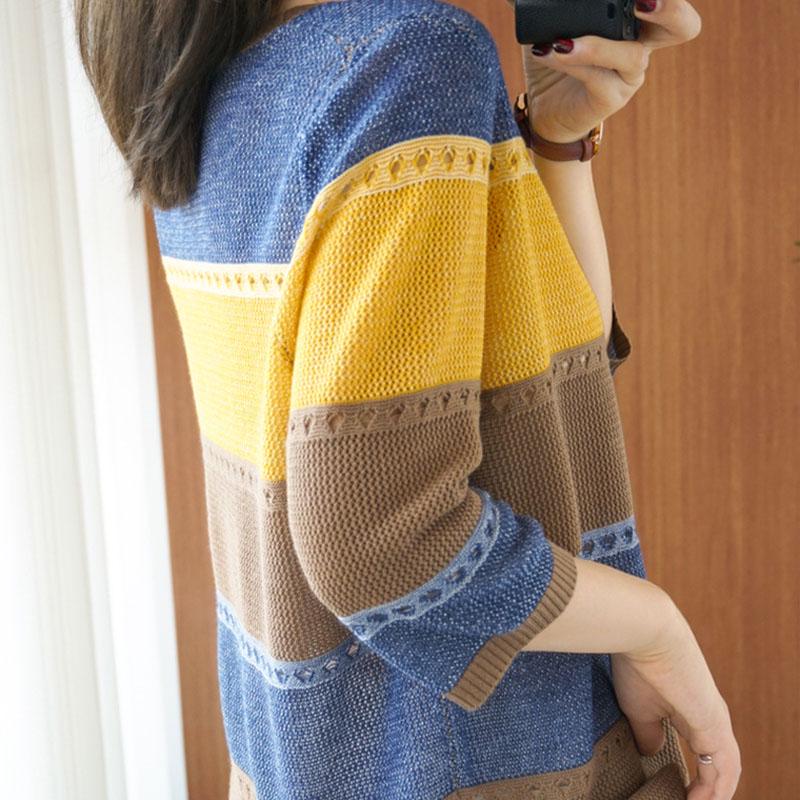 Thin Knit Sweater Half Sleeve Loose Striped Knitted Sweater Hollow Round Neck Pullover Sweater