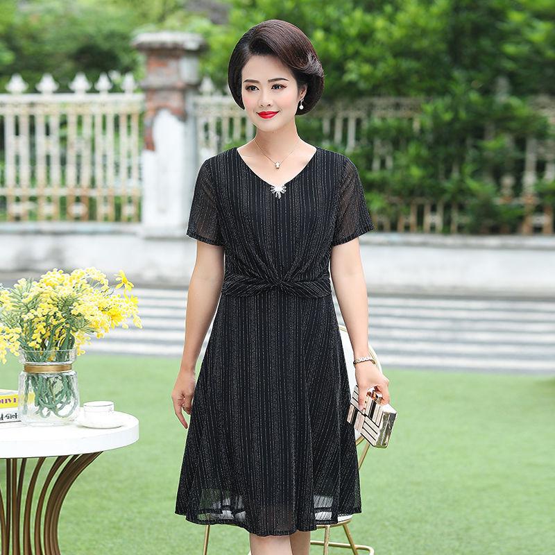 XL-XXXXXL Women's Summer Dress Middle-aged Mother Chiffon Veil Short Sleeve V-Neck Printing Mid-length Daily Wear
