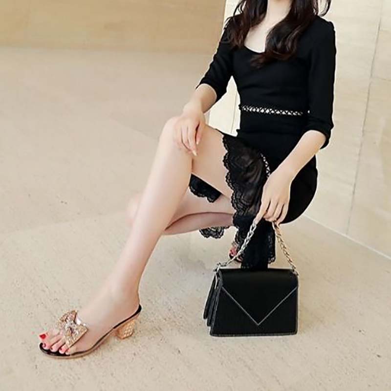 Sandals and Slippers for Women's Outer Wear Fashion Crystal Thick Heel Comfortable Sequins Rhinestone Bow Female Summer Sandals and Slippers