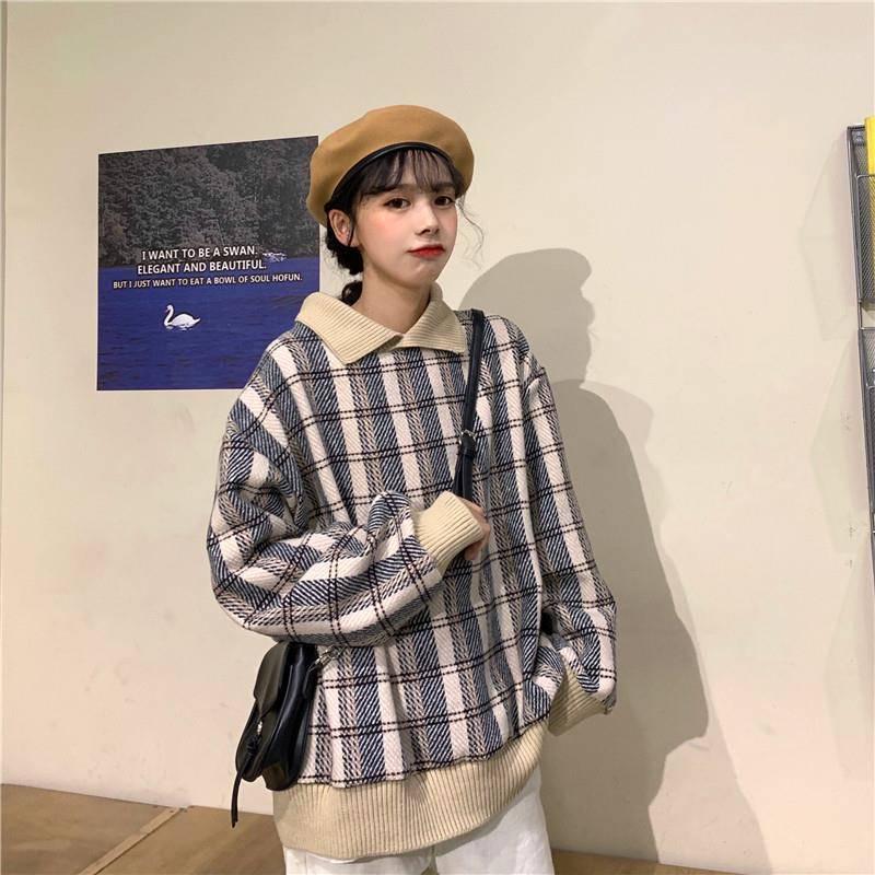 Autumn and Winter Warm Plaid Lapel Stitching Pullover Sweater Girl Loose Wild Woolen Coat