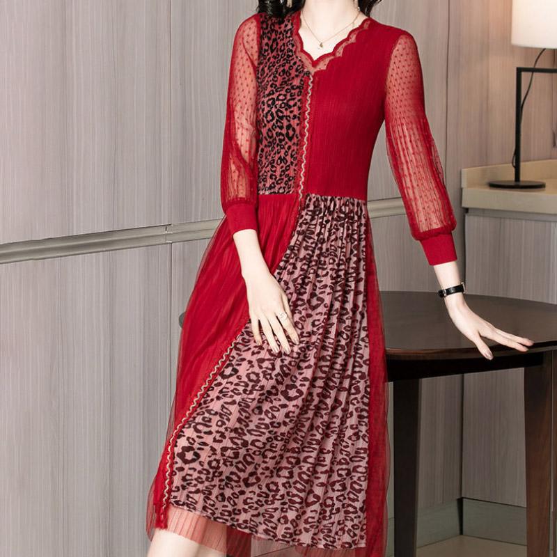 Lace Dress Female Spring Summer V-neck Leopard Print Over The Knee Long Skirt Purple Dress Mid-length Casual Large Size