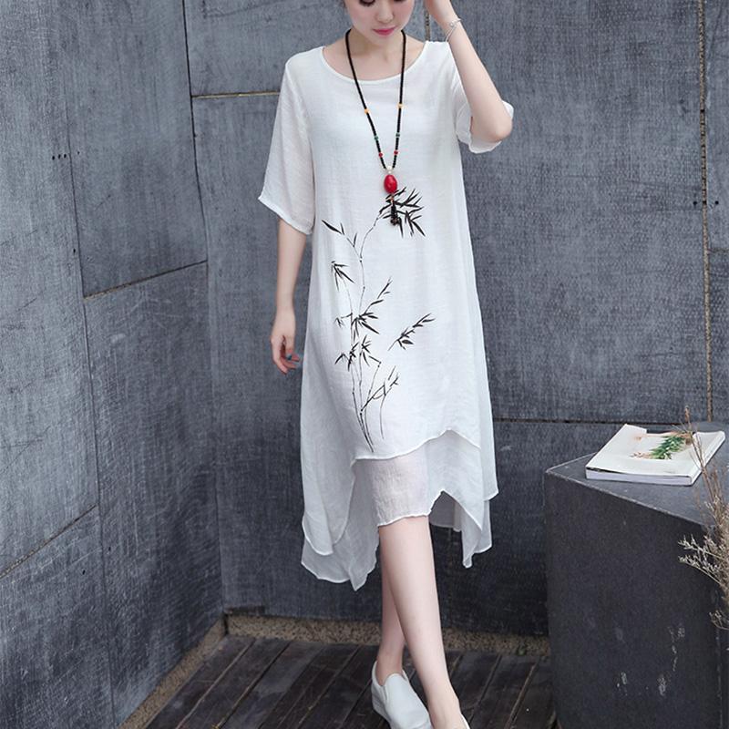 Summer Retro Ethnic Print Dress Mid-length Plus Size Fake Two Pieces of Bamboo Print Solid Color