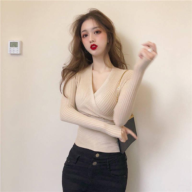 Pofulove Sexy Girl Must-have Base Knitwear Cross V-Neck Slim Knitwear Solid Color Bottoming Sweaters