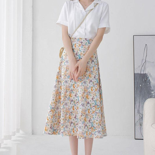 Women Summer Vintage Chiffon Floral Print High Waist Slim Versatile Elastic Waist A-line Holiday Long Skirt