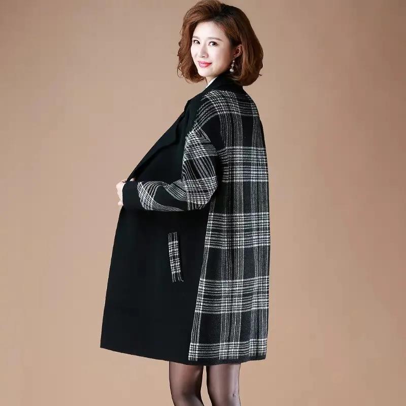 Winter Fashion V-neck Plaid Coat Thicken Warm Mid-length Large Size Coat Jacket for Women