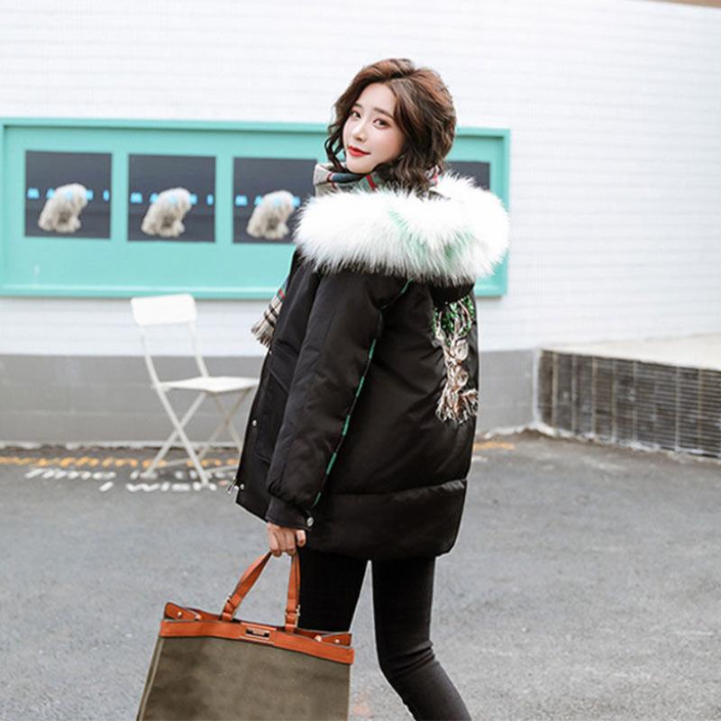 Women's Solid Color Embroidered Down Jacket Mid-length Korean Style Loose Thick Coat Warm Cotton Coat Large Fur Collar Winter Quilted Jacket