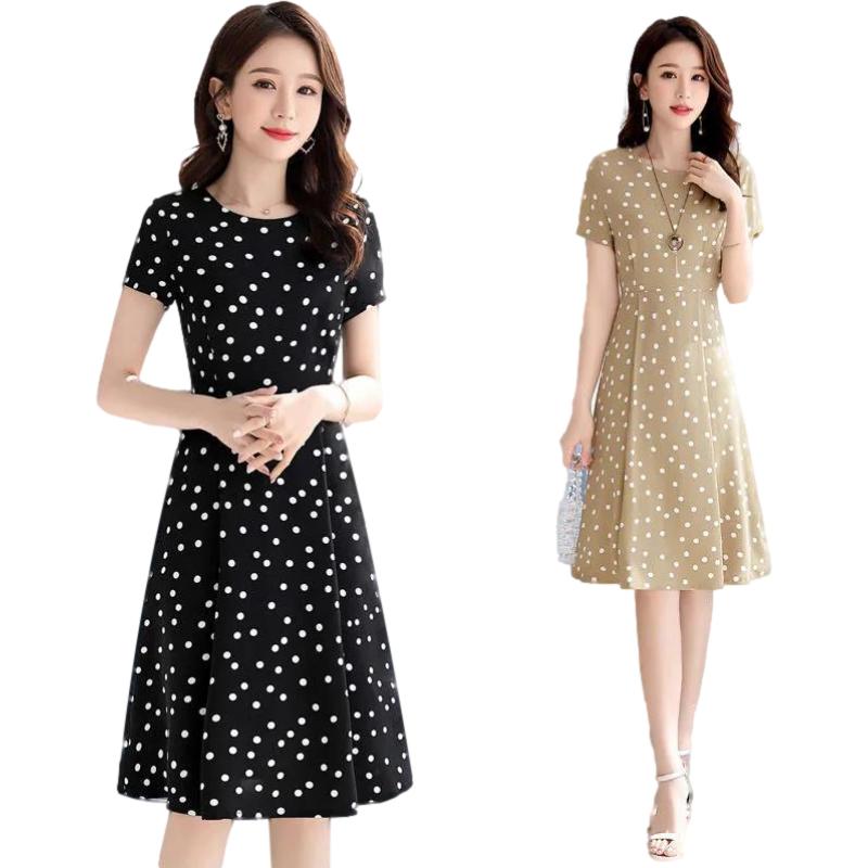Wave Point Dress Women Boho V-neck Slim A Line Party Dress Casual Short Sleeve Polka Dot Black Dresses Beach
