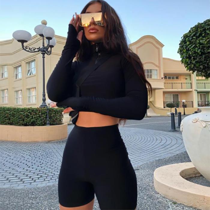 WTEMPO Long Sleeve Zipper Boss Elasticity Sexy Short Top + Five-point Shorts Casual Sports Suit Navel Two-piece Suit