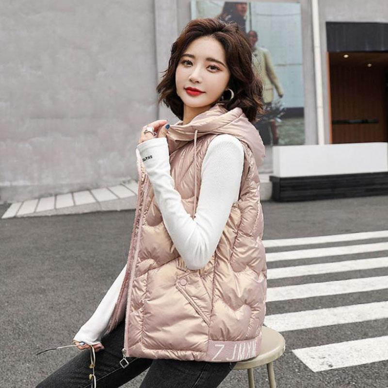 Winter Ladies Hooded Down Vest Jacket Fashion Glossy Down Cotton Sleeveless Jacket Thicken Warm Winter Vest