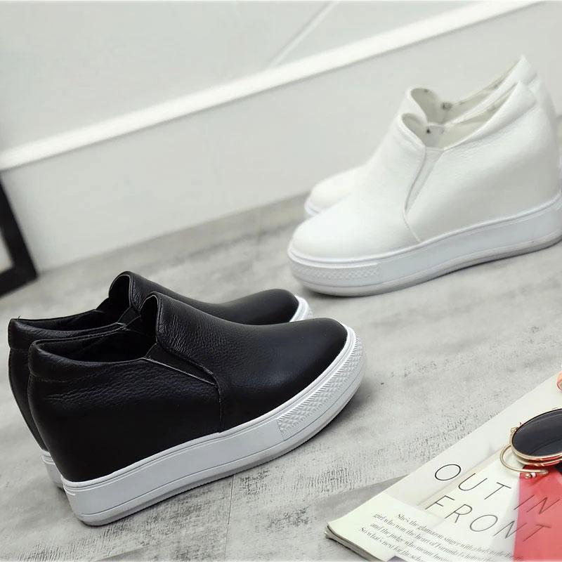 Women's 8cm Height-increasing White Shoes Single Shoes Real Cowhide Thick-soled Pedal Lazy Casual Shoes Flat-bottomed High-heeled Shoes for Students