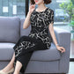 Women's Temperament Casual Suit Printed Chiffon Top Short Sleeve + Loose Wide Leg Pants Fabric Comfortable Lightweight