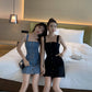 2 Color Denim Suspender Dress Single-breasted Slim Waist A-line Strap Skirt Package Hip Dresses