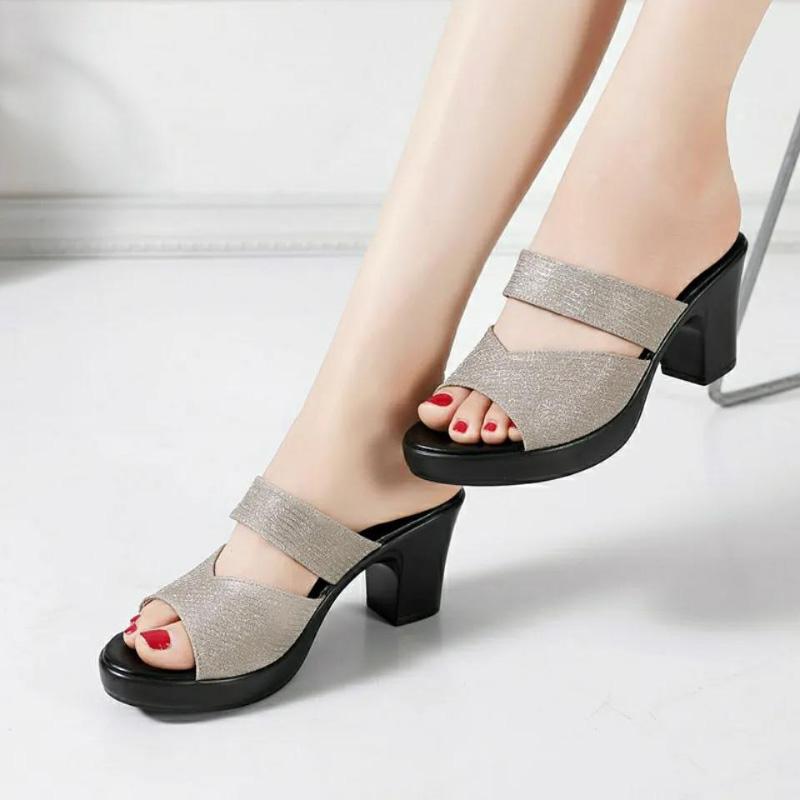 Women's Summer Fashion Increased Slope Fish Mouth Sandals All-match Casual Shiny Sandals and Slippers