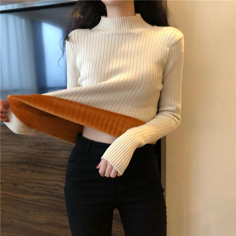 Women Turtleneck Pullover Sweater Inside for Winter Warm Short Slim Jumpers Long Sleeve Basic Tops Knit Sweaters Autumn Winter Thick Bottoming Shirt