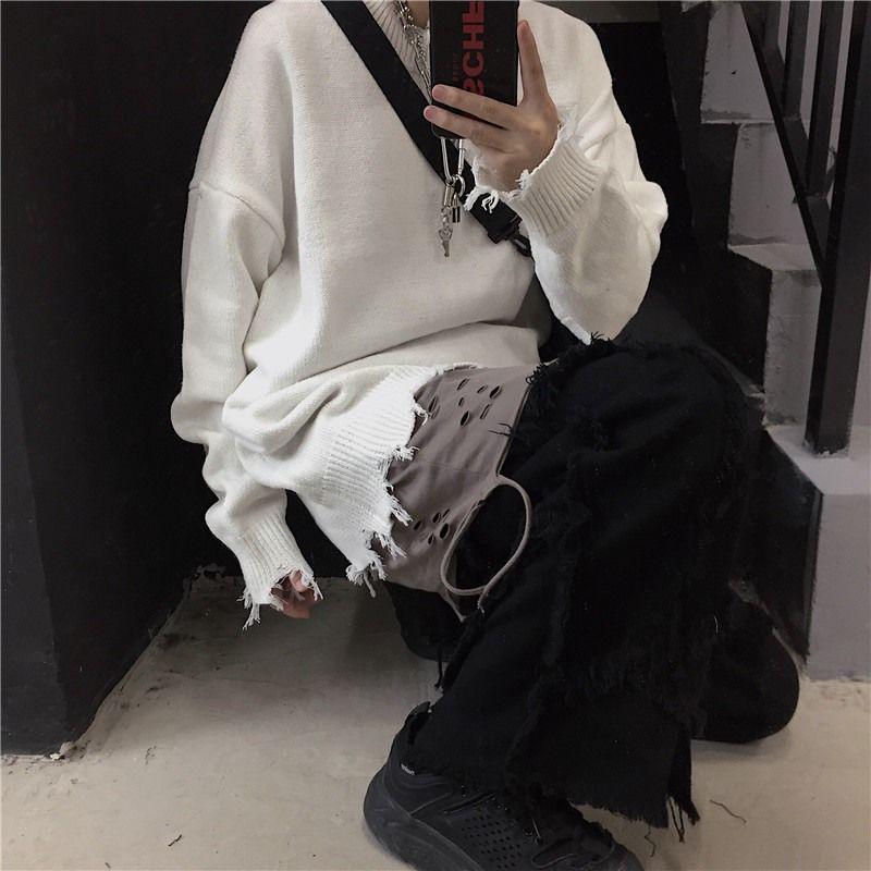 Harajuku Style Loose Couple Pullover Sweater Men and Women Ripped Tassel Knitted Sweater Outer Wear Unisex